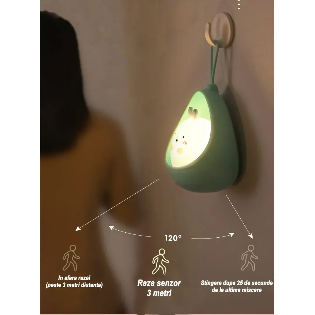 Lampa de veghe portabila cu 2 moduri de functionare, silicon non-toxic, reincarcabila USB, senzor miscare, albastru, iepuras (2)