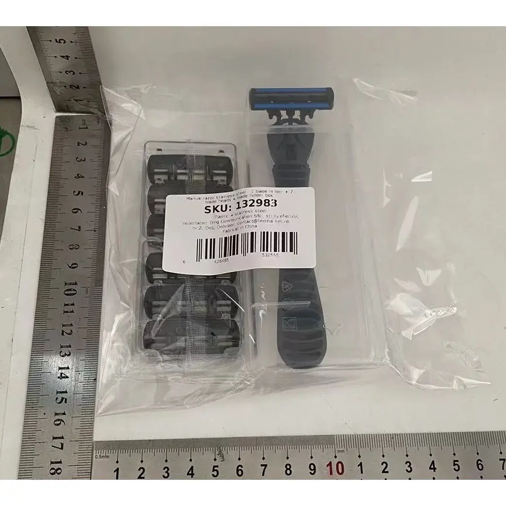 Aparat de Ras Manual, din Otel Inoxidabil, Suport Lama + Capete de Schimb Incluse, Cutie pentru Lame, Negru (5)