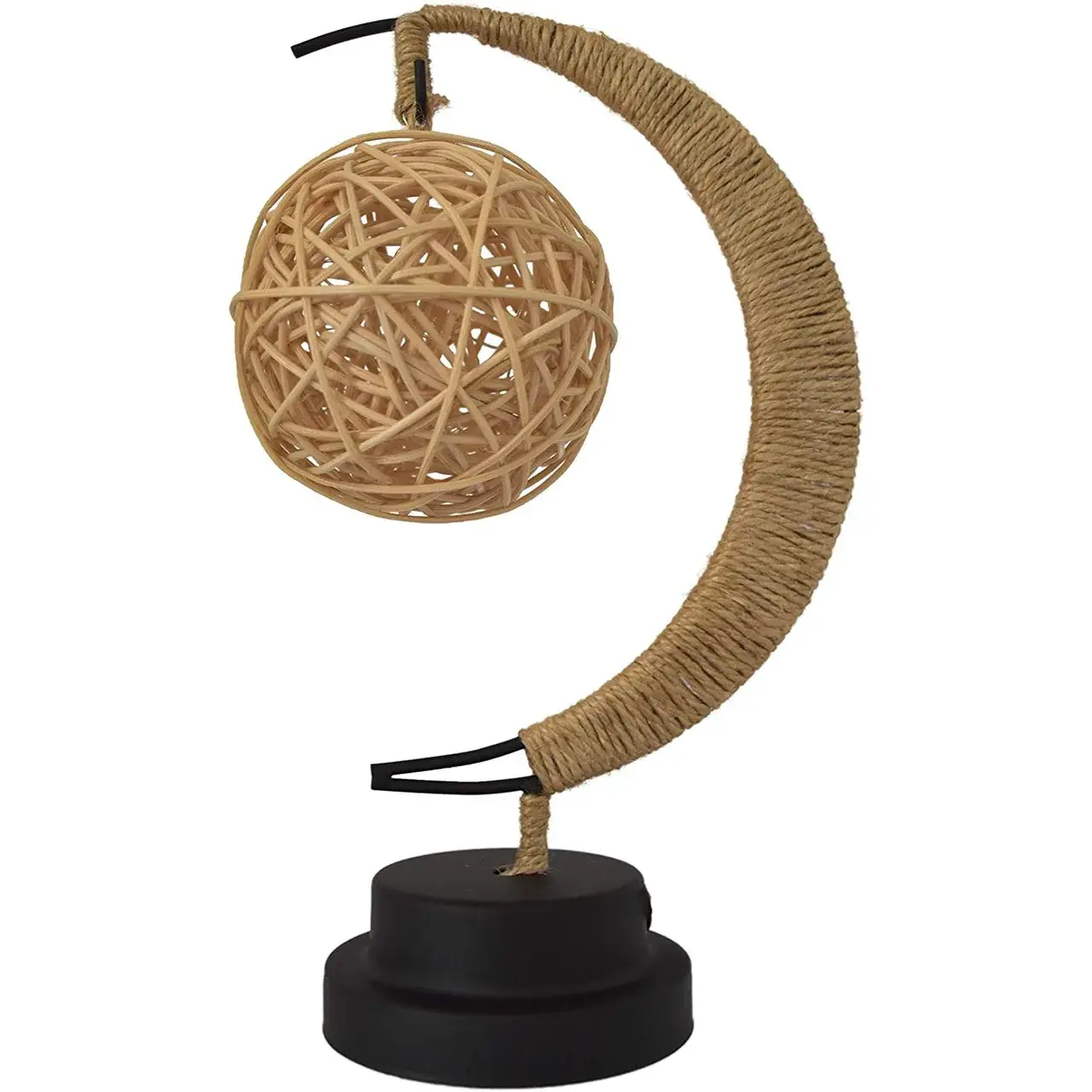 Lampa veghe, semi-luna cu glob din rattan, led, 28x15 cm, alb cald