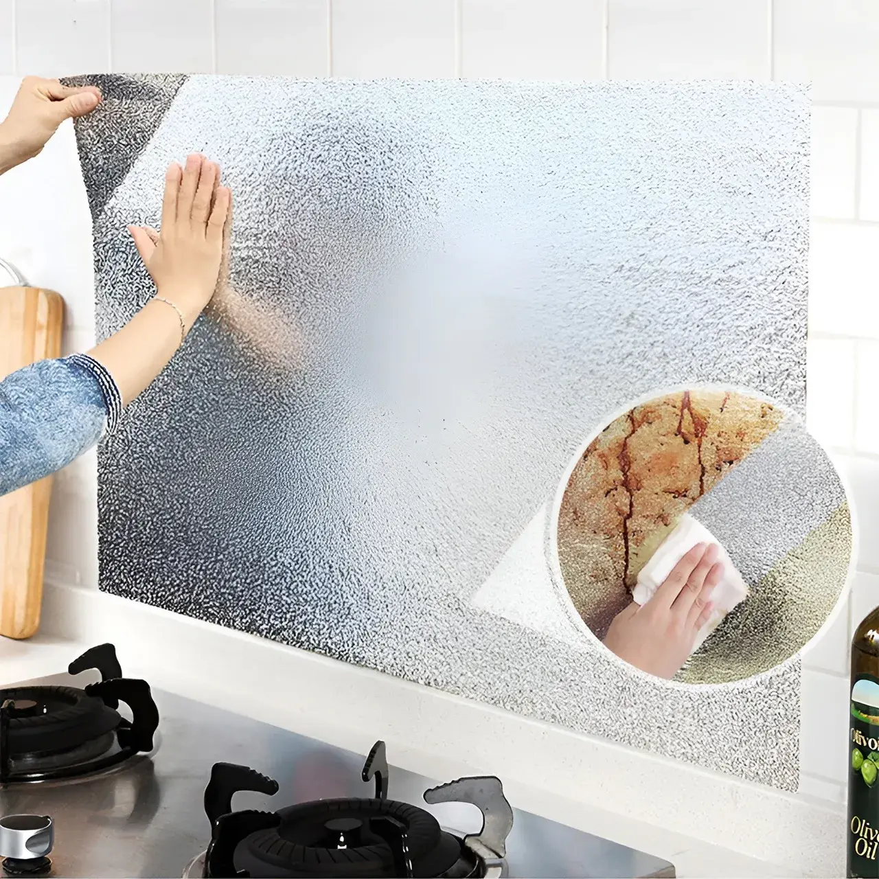 Autocolant pentru Bucătărie, Tip Folie de Aluminiu, Rezistent la Ulei, Umezeală, Temperaturi Inalte, pentru Dulapuri, Perete, Blat, Argintiu, 60cm x 1m (2)