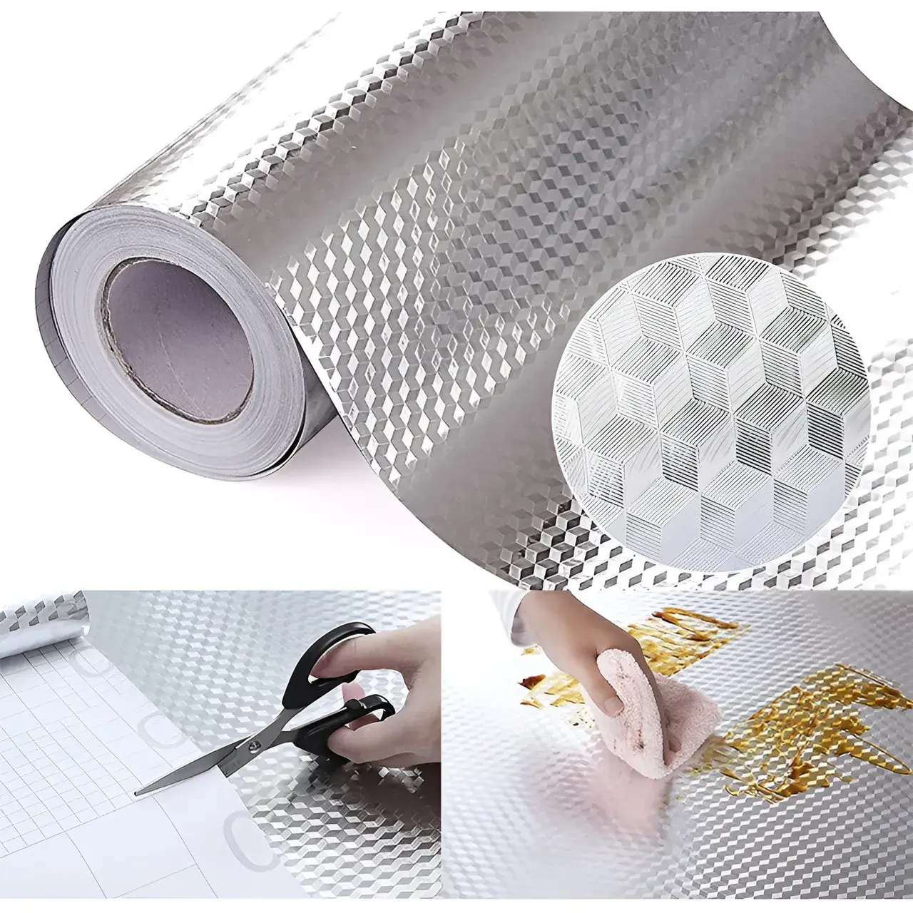 Autocolant pentru Bucătărie, Tip Folie de Aluminiu, Rezistent la Ulei, Umezeală, Temperaturi Inalte, pentru Dulapuri, Perete, Blat, Argintiu, 60cm x 1m (4)