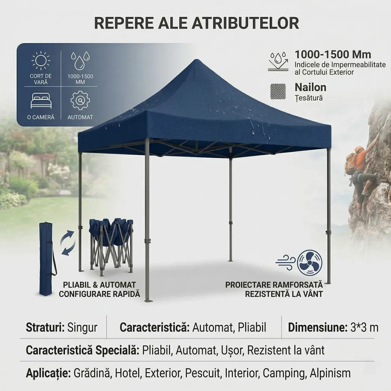 Cort Pavilion 3x3m, Cadru Metal Pliabil Ranforsat, Acoperis 420D 280gram/mg PVC Polyester Oxford pentru Curte, Gradina, Evenimente, Albastru (3)