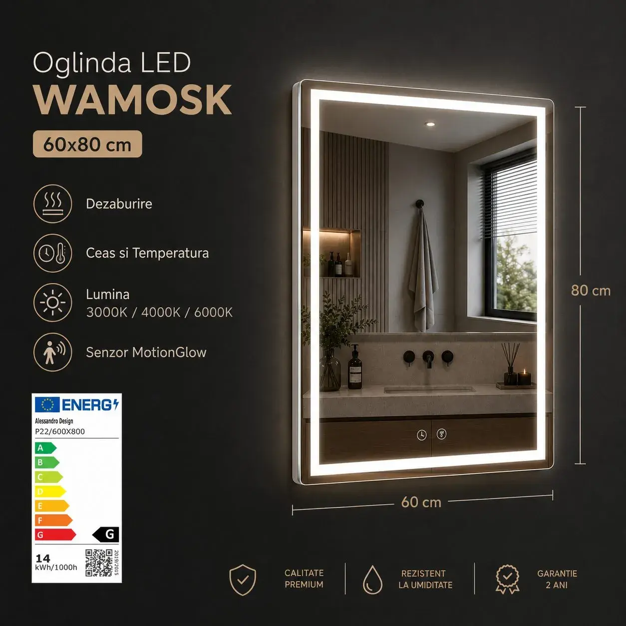 Oglinda LED Baie WAMOSK, Korman, 60 x 80 cm, Lumina 3000K/4000K/6000K, Dezaburire, Ceas, Termometru si Senzor, Rama Metalica Alba (2)