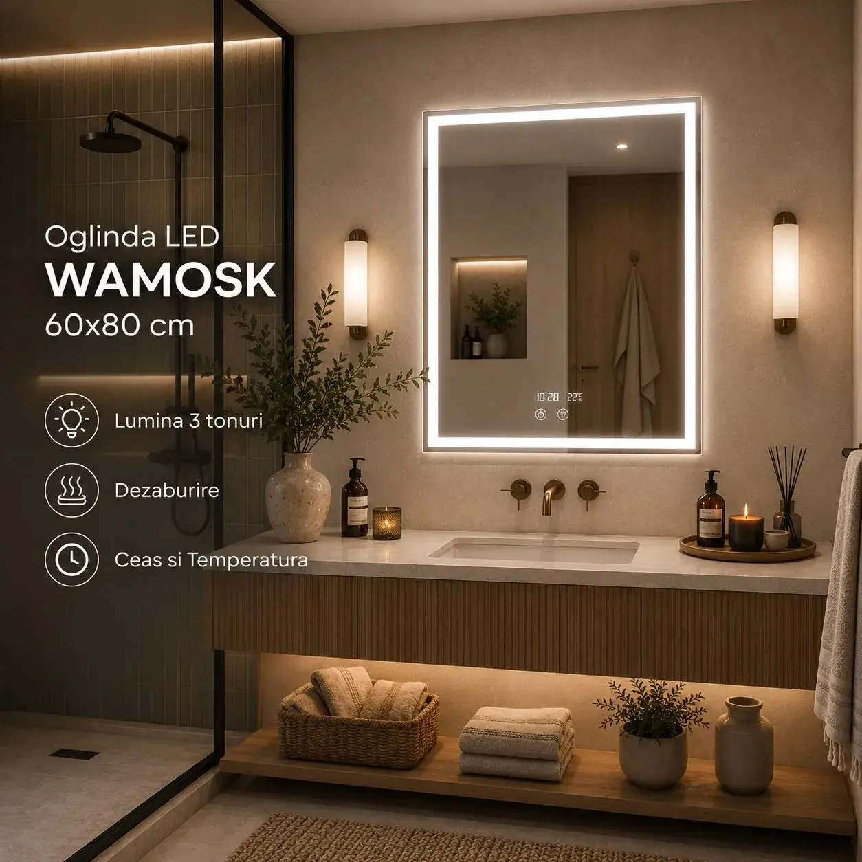 Oglinda LED Baie WAMOSK, Korman, 60 x 80 cm, Lumina 3000K/4000K/6000K, Dezaburire, Ceas, Termometru si Senzor, Rama Metalica Alba (3)