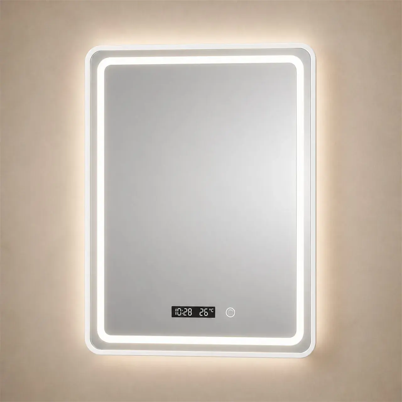 Oglinda LED Baie WAMOSK, Korman, 60 x 80 cm, Lumina 3000K/4000K/6000K, Dezaburire, Ceas, Termometru si Senzor, Rama Metalica Alba (4)