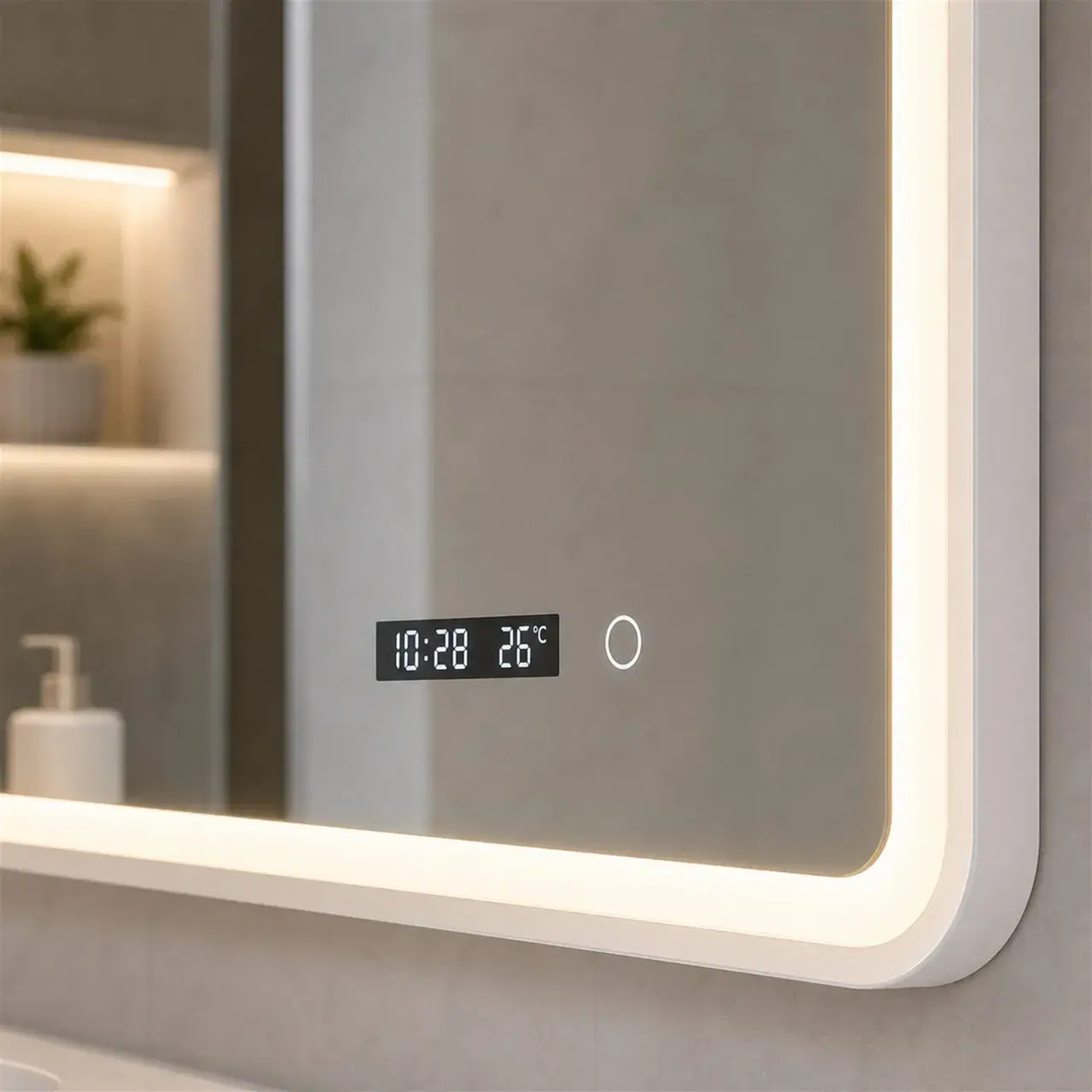 Oglinda LED Baie WAMOSK, Korman, 60 x 80 cm, Lumina 3000K/4000K/6000K, Dezaburire, Ceas, Termometru si Senzor, Rama Metalica Alba (5)