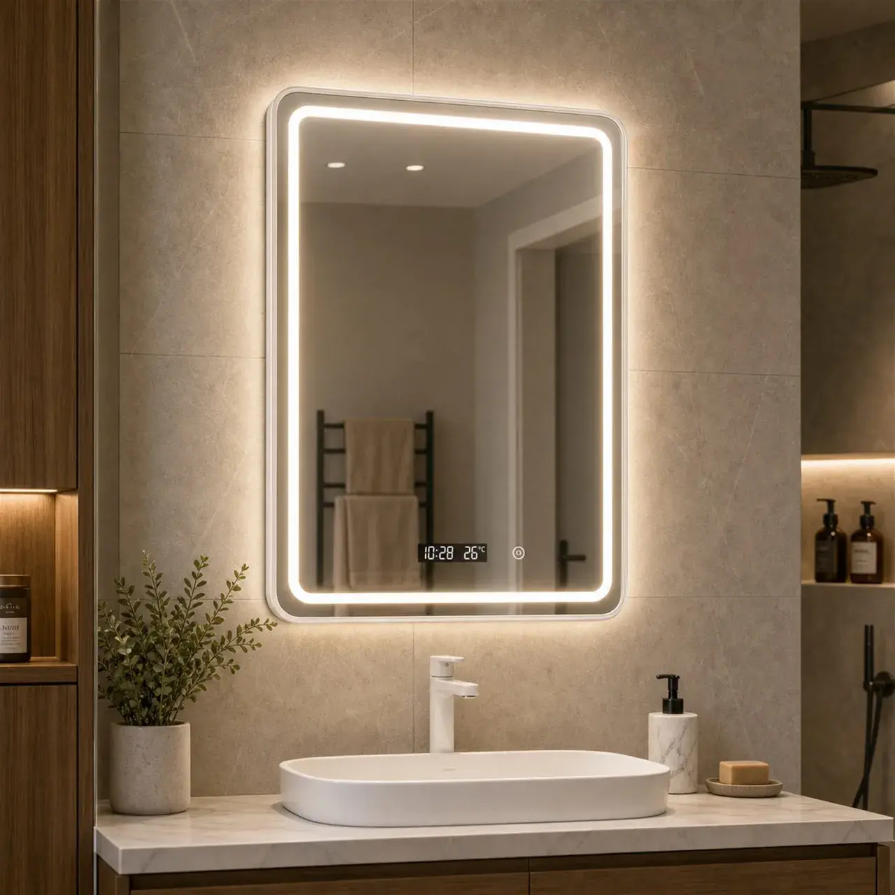 Oglinda LED Baie WAMOSK, Korman, 60 x 80 cm, Lumina 3000K/4000K/6000K, Dezaburire, Ceas, Termometru si Senzor, Rama Metalica Alba (6)