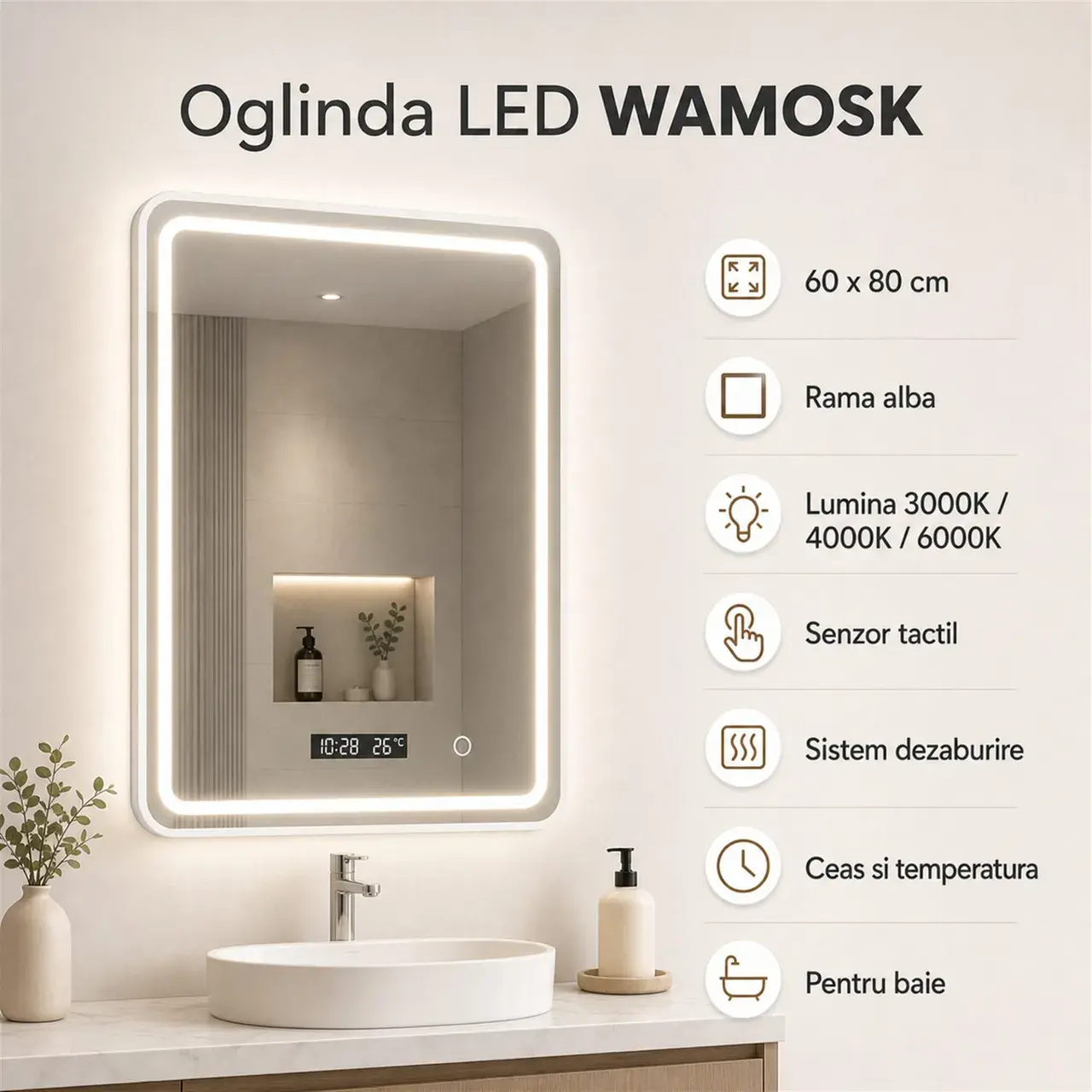 Oglinda LED Baie WAMOSK, Korman, 60 x 80 cm, Lumina 3000K/4000K/6000K, Dezaburire, Ceas, Termometru si Senzor, Rama Metalica Alba (7)