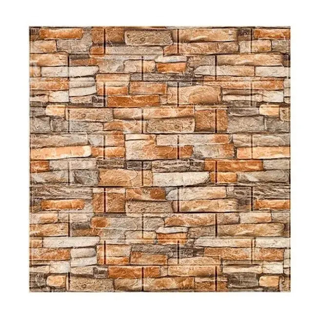Set 10 Placi Tapet 3D, 70 x 77 cm, Grosime 3 mm, din Polietilena, Model Caramida, Suprafata acoperita 5.3 mp, Piatra Galbena