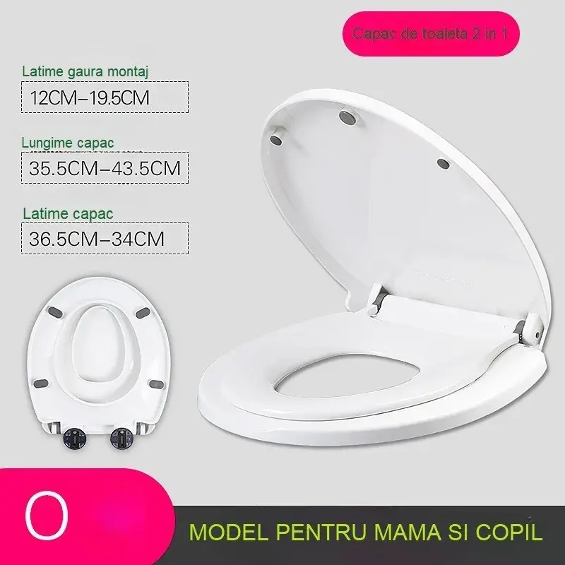Capac de Toaleta cu Reductie 2 in 1, pentru Copii si Adulti, Coborare Lenta si Silentioasa, Instalare Usoara, din PP5, in Forma de O, Alb (2)