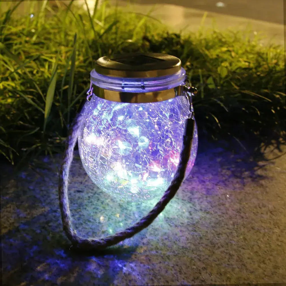 Lampa solara decorativa pentru exterior, IP65, 20 LED-uri, 600mAh, 14 x 12 cm, cu agatatoare, model borcan rotund, multicolor