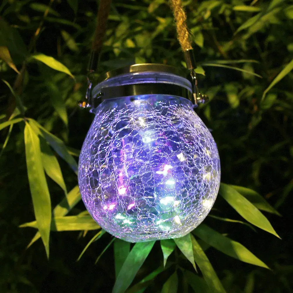 Lampa solara decorativa pentru exterior, IP65, 20 LED-uri, 600mAh, 14 x 12 cm, cu agatatoare, model borcan rotund, multicolor (4)