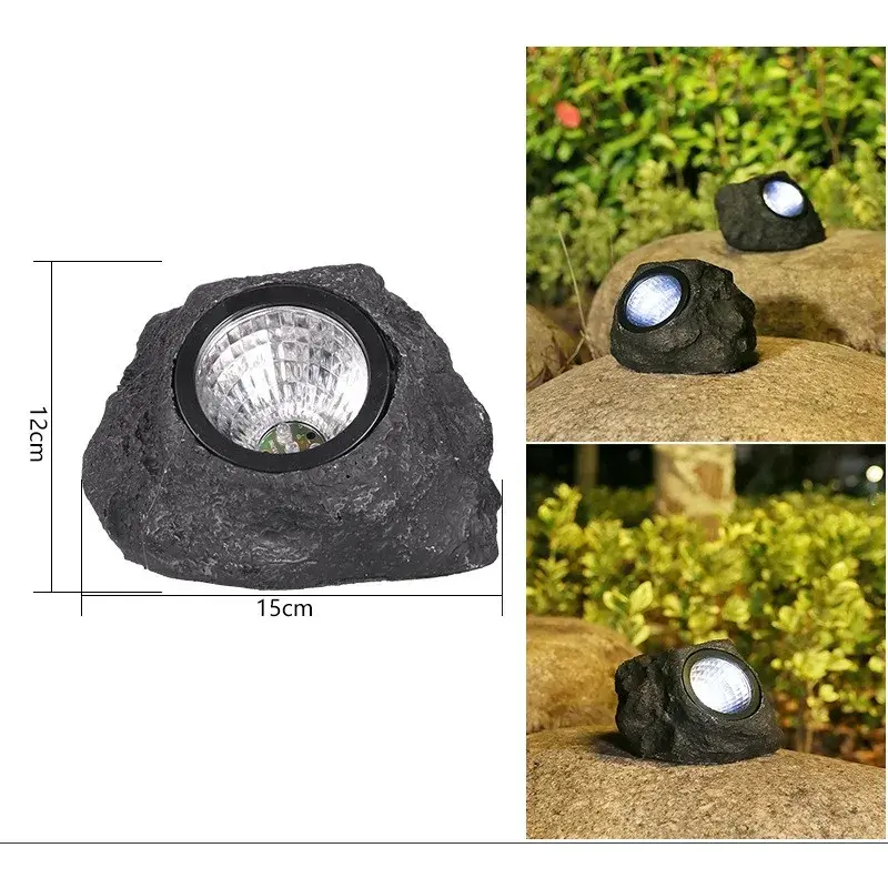 Lampa solara LED decorativa pentru gradina, imitatie piatra, lumina puternica 4 LED-uri, 12 x 15 cm, material ABS, baterie Ni-MH, 600 mAh, panou solar 2V, lumina alb rece, gri