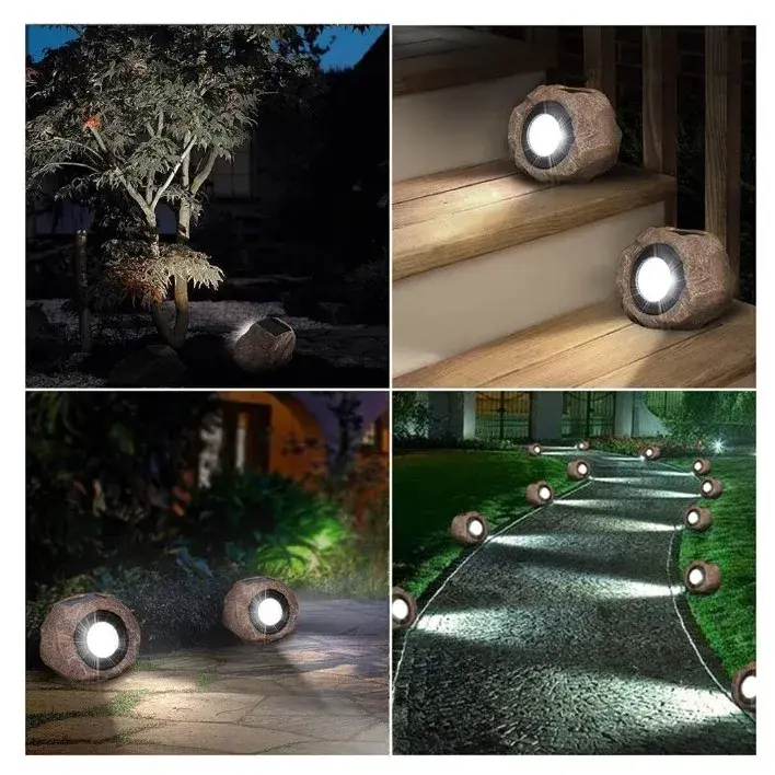 Lampa solara LED decorativa pentru gradina, imitatie piatra, lumina puternica 4 LED-uri, 12 x 15 cm, material ABS, baterie Ni-MH, 600 mAh, panou solar 2V, lumina alb rece, gri (3)