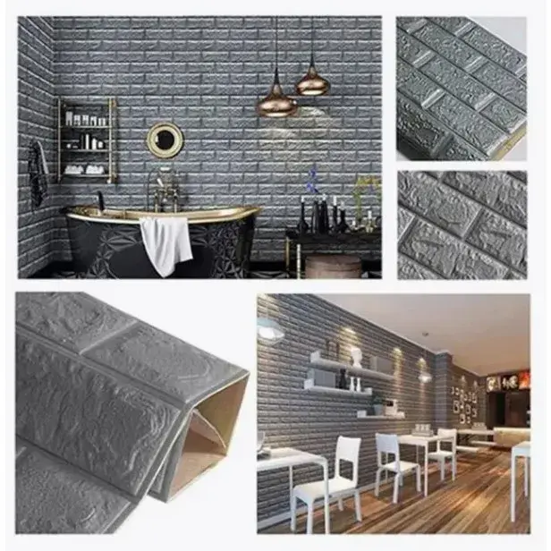 Set 10 Placi de Tapet, Autoadezive, 70 x 77 cm, 2.5 mm Grosime, Suprafata Acoperita 5.3 mp, din PVC, Model Caramida, Argintiu (2)