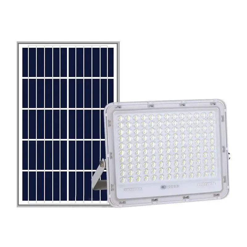 Proiector LED cu Panou Solar, Senzor de lumina Waterproof, 200W, 29x23 cm, suport U inclus, panou afisaj nivel baterie, telecomand, 220V, Design Modern, Alb