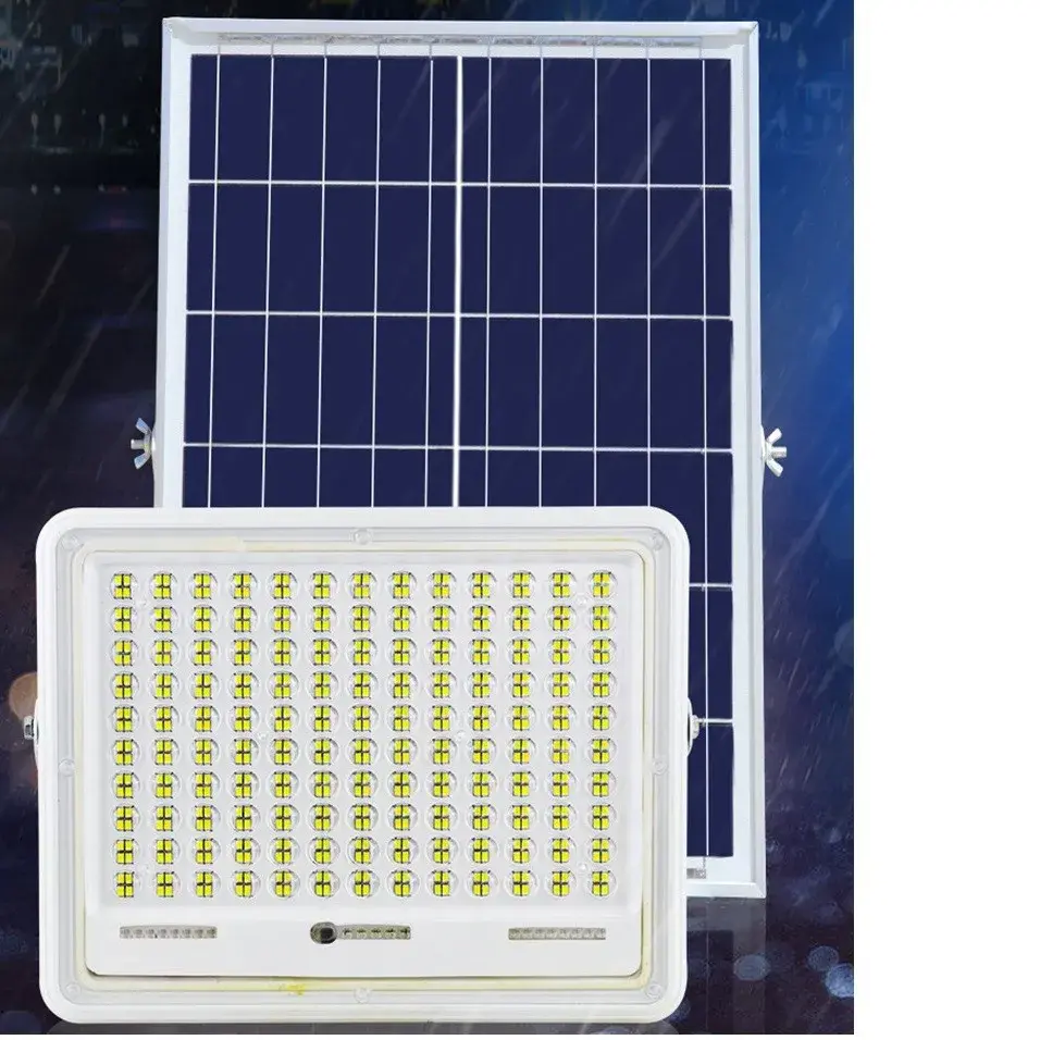 Proiector LED cu Panou Solar, Senzor de lumina Waterproof, 200W, 29x23 cm, suport U inclus, panou afisaj nivel baterie, telecomand, 220V, Design Modern, Alb (4)