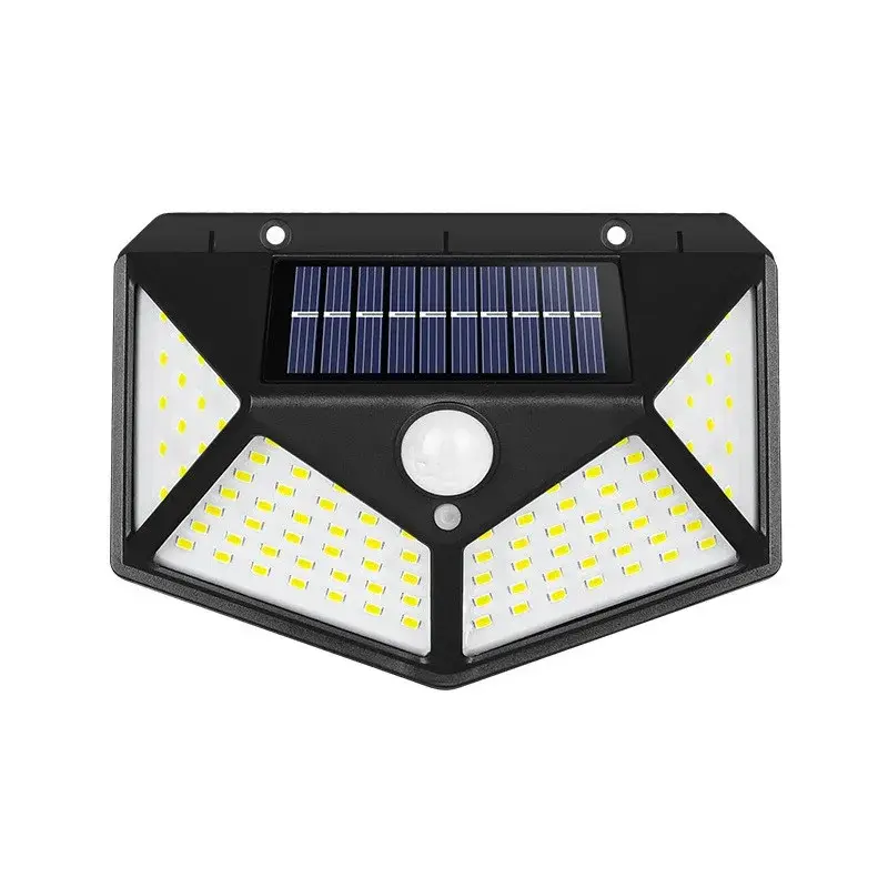 Lampa cu incarcare solara pentru exterior, 100 LED cu distanta de inductie, montaj pe perete, fara cabluri, cu 4 fete