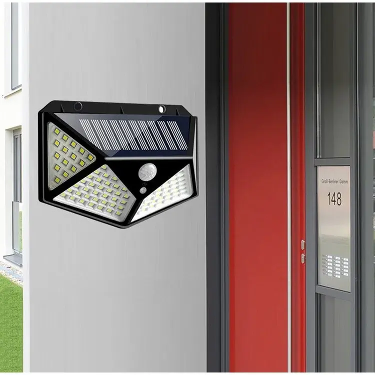 Lampa cu incarcare solara pentru exterior, 100 LED cu distanta de inductie, montaj pe perete, fara cabluri, cu 4 fete (5)