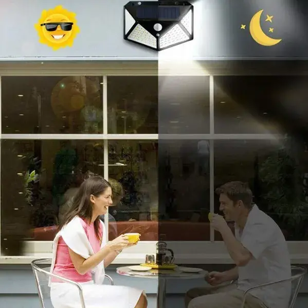 Lampa cu incarcare solara pentru exterior, 100 LED cu distanta de inductie, montaj pe perete, fara cabluri, cu 4 fete (6)
