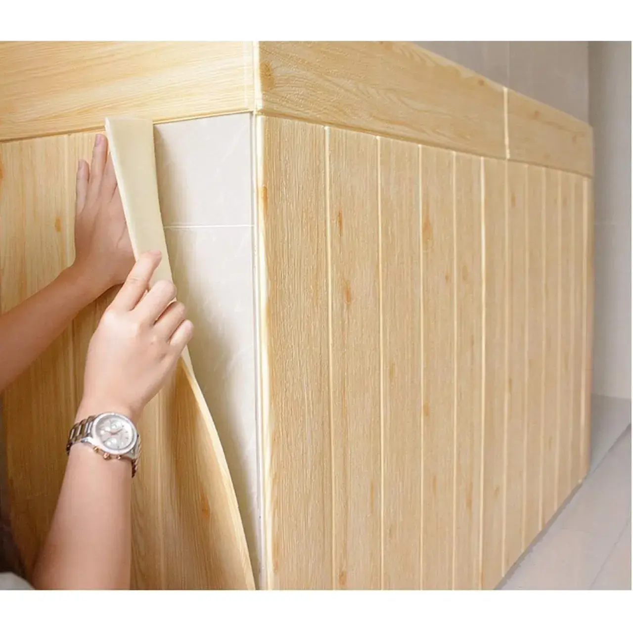 Set 10 Placi Tapet 3D, 70 x 70 cm, Grosime 3 mm, din Rasina, Tip Placi de Lemn, Suprafata Acoperita 4.9 mp, Crem (2)