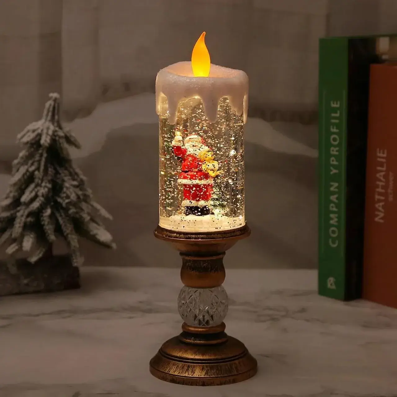 Decoratiune Luminoasa, Lampa de Craciun, cu Lumina LED, Ornament Model Sfesnic cu Lumanare, Mos Craciun, 26x8.5x8.5 cm, Auriu (4)