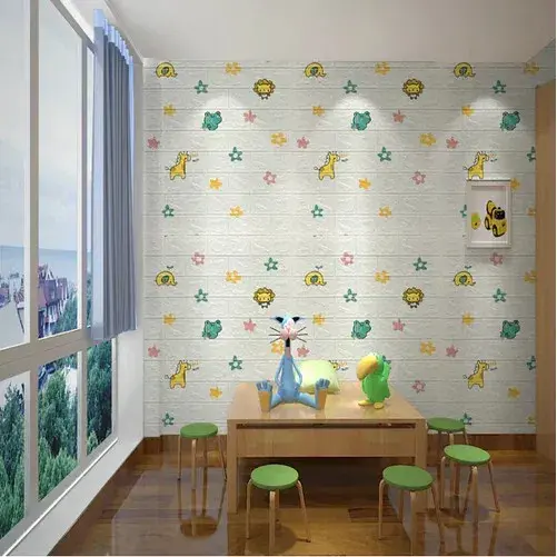 Set 10 Placi Tapet 3D, 70 x 77 cm, Grosime 3 mm, din Polietilena, Tip Caramida, Model Animalute si Floricele, Suprafata acoperita 5.3 mp, Alb (2)