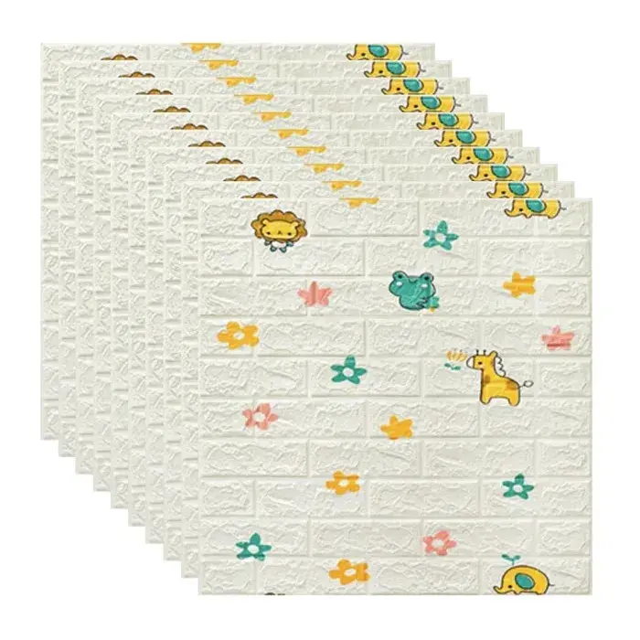Set 10 Placi Tapet 3D, 70 x 77 cm, Grosime 3 mm, din Polietilena, Tip Caramida, Model Animalute si Floricele, Suprafata acoperita 5.3 mp, Alb (4)
