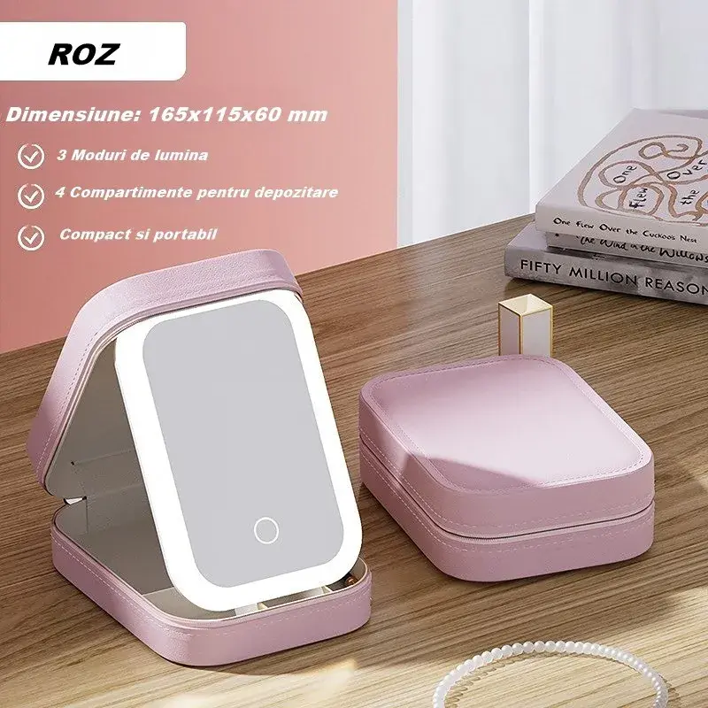Portfard, Geanta Cosmetice, cu Oglinda LED, 3 Moduri de Lumina, Incarcare USB, Baterie 1200 mAh, pentru Organizarea Cosmeticelor, 4 Compartimente, Imitatie Piele, Roz, 16.5x11.5x6 cm (3)