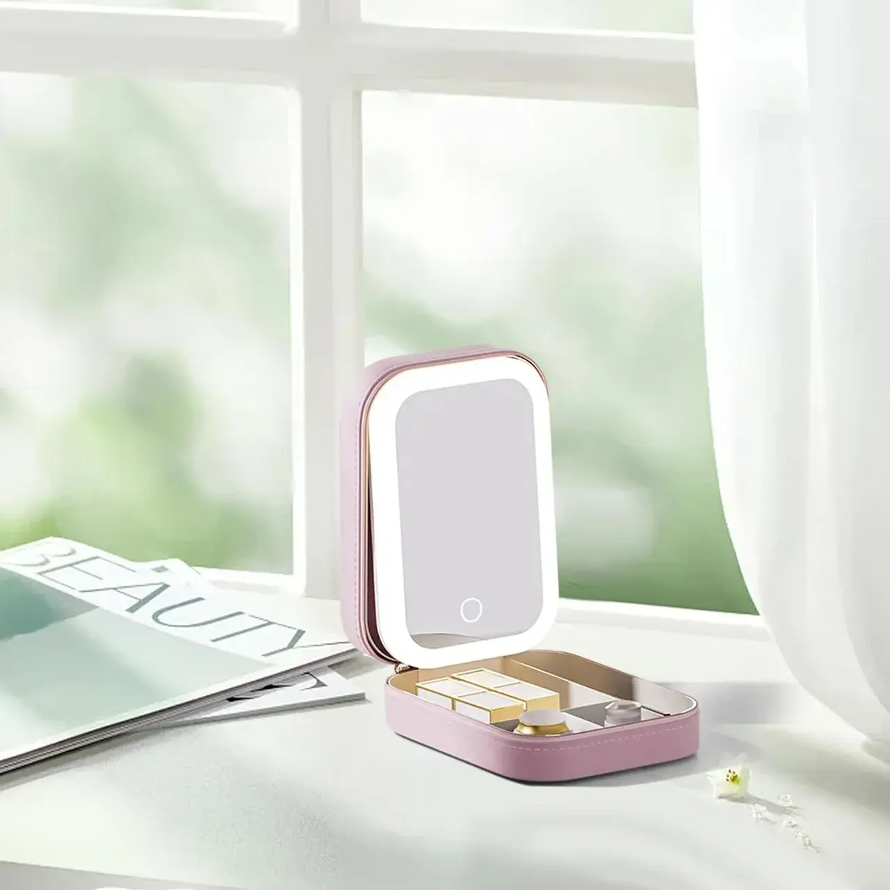 Portfard, Geanta Cosmetice, cu Oglinda LED, 3 Moduri de Lumina, Incarcare USB, Baterie 1200 mAh, pentru Organizarea Cosmeticelor, 4 Compartimente, Imitatie Piele, Roz, 16.5x11.5x6 cm (5)