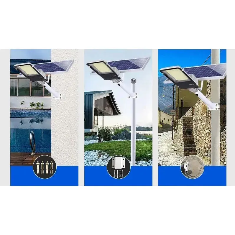 Proiector LED pentru stalp, casa, perete cu suport metalic inclus, 38,5 cm x 14,2 cm, Rezistent la Apa IP65, cu Panou Solar, 240 COB LED, 50 W, Senzor de lumina, Timer, cu Telecomanda, intensitate reglabila, kit montaj inclus, Lumina Rece (3)