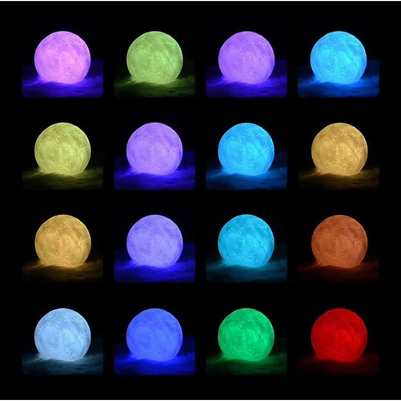Lampa de veghe luna 3D Moon Light, lumina multicolora LED, 7 culori, schimbare culoare prin atingere, alimentare baterii, fara acumulator, stand din plastic inclus, 12 cm (3)