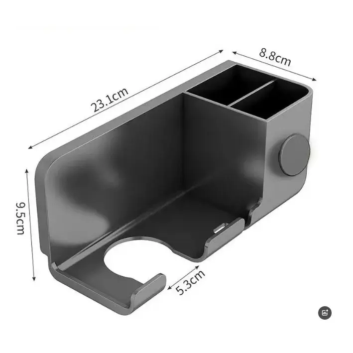 Suport de Baie, pentru Uscator de Par, cu Organizator Dublu, din Plastic, Aplicare cu Suport Adeziv, 23 x 8.8 x 9.5 cm, Gri (3)