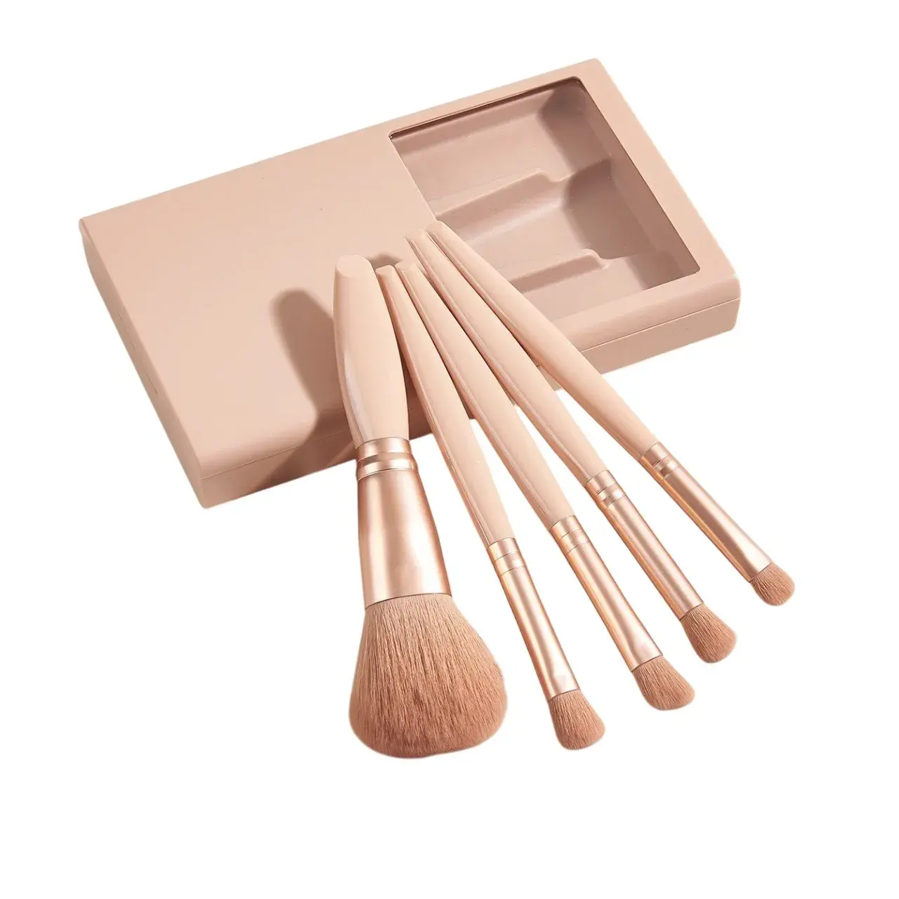 Set 5 Pensule de Machiaj cu Peri Moi, cu Suport pentru Depozitare si Oglinda, Roz Pal (3)
