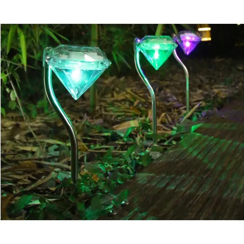 Lampa solara LED pentru Gradina, Set 4 Bucati, Tip Diamant, Inaltime 30 x 9 cm, 2V, ABS, 600mAh, Lumina Multicolor, Argintiu