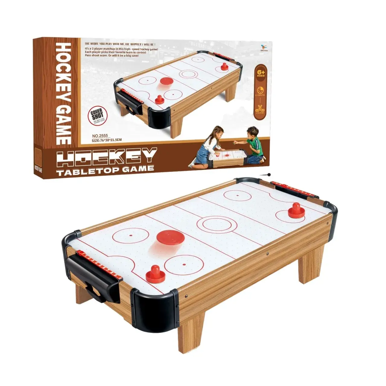 Masa Air Hockey Graffiti cu Picioare Scurte, Lemn, 2 Pucuri, Tabela Scor, 2 Impingatoare, 76x38x21.5 cm, Maro (2)