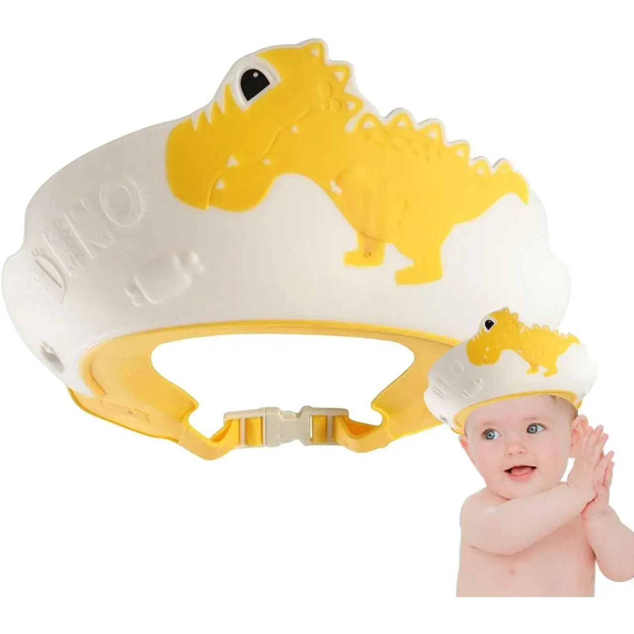 Viziera de Protectie Baie Pentru Copii, Fippy, Model Dinozaur, Dimensiune ajustabila, Durabil, Usor de curatat, Impotriva Samponului, pentru Ochi si Urechi, TPE+PP, 22x21 cm, Galben (4)