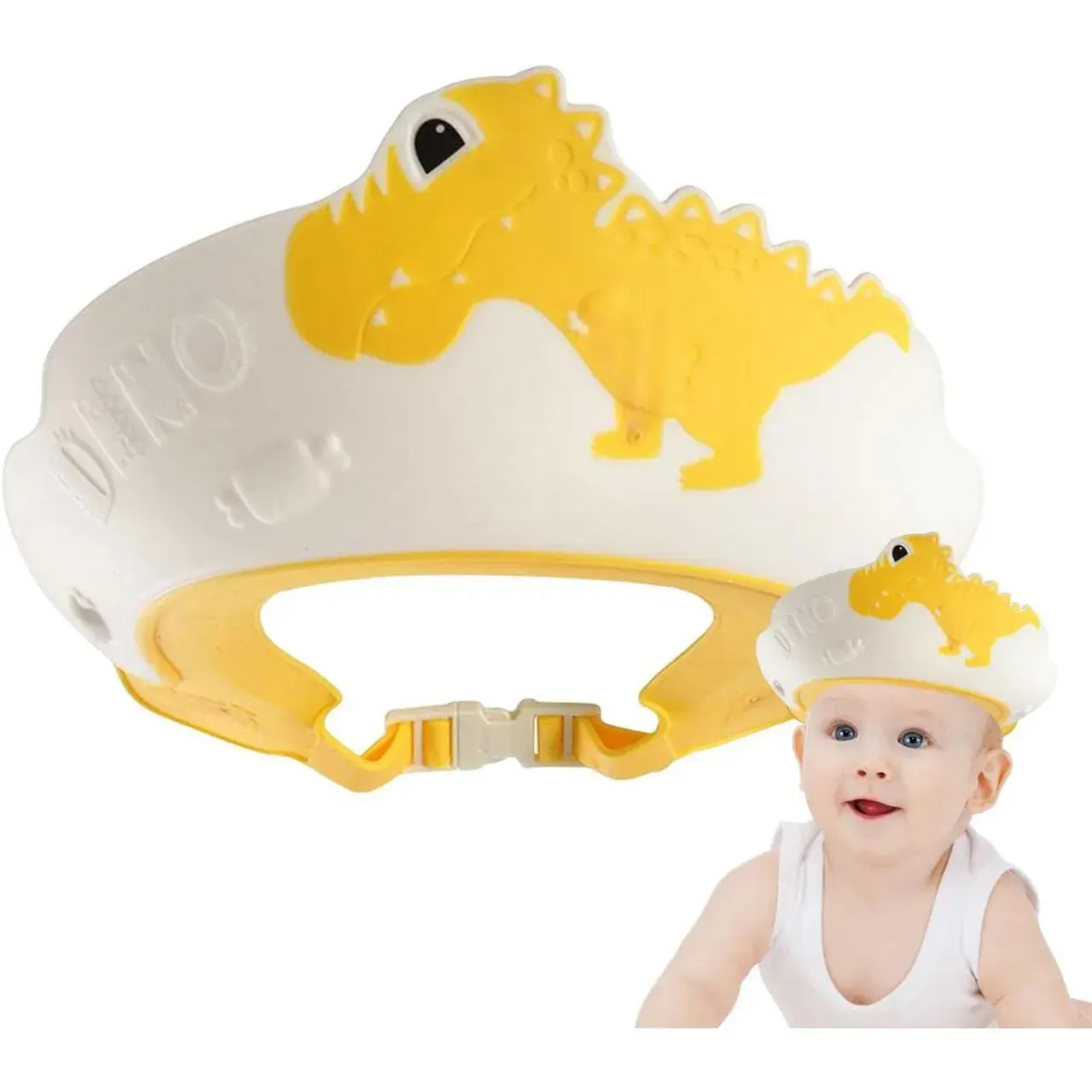 Viziera de Protectie Baie Pentru Copii, Fippy, Model Dinozaur, Dimensiune ajustabila, Durabil, Usor de curatat, Impotriva Samponului, pentru Ochi si Urechi, TPE+PP, 22x21 cm, Galben (6)