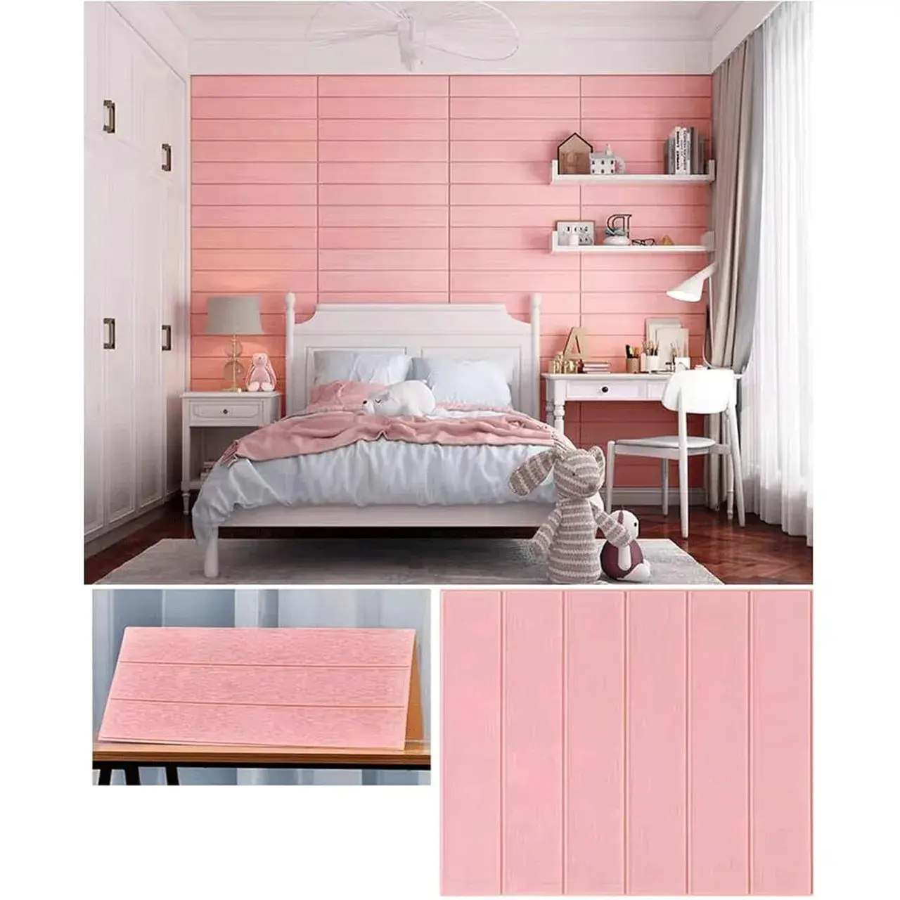 Set 10 Placi Tapet 3D, 70 x 70 cm, Grosime 3 mm, din Rasina, Tip Placi de Lemn, Suprafata Acoperita 4.9 mp, Roz Pudrat (3)