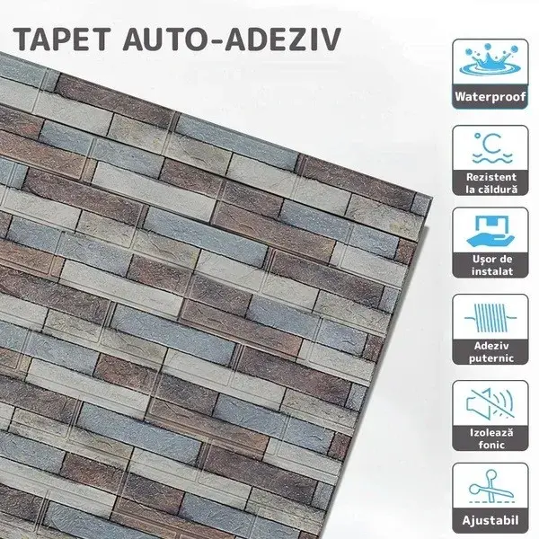 Set 10 Placi Tapet 3D, 70 x 77 cm, Grosime 3 mm, din Polietilena, Model Caramida, Suprafata acoperita 5.3 mp, Piatra Colorata (4)
