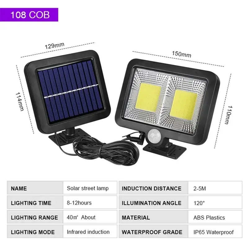 Lampa solara cu senzor de miscare, 108 COB LED, 2 grile, ip65, negru (2)