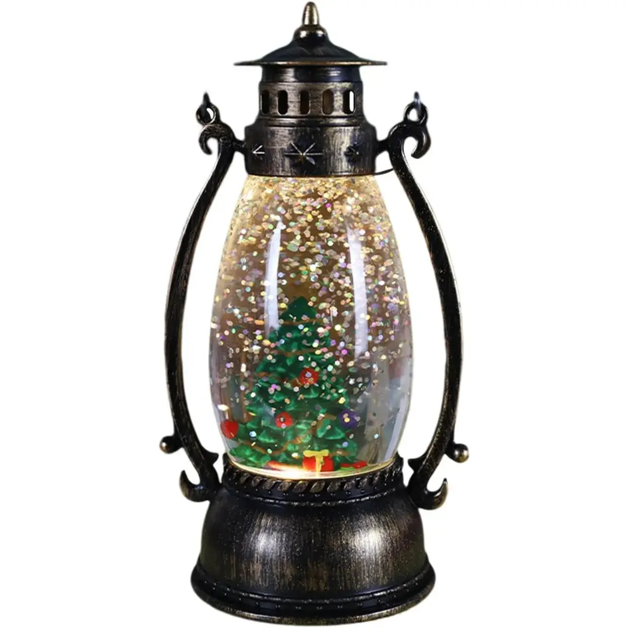 Decoratiune Luminoasa, Felinar de Craciun, cu Lumina LED, Ornament Model Lampa cu Ulei Brad de Craciun, cu Maner, 14x7x6 cm, Negru