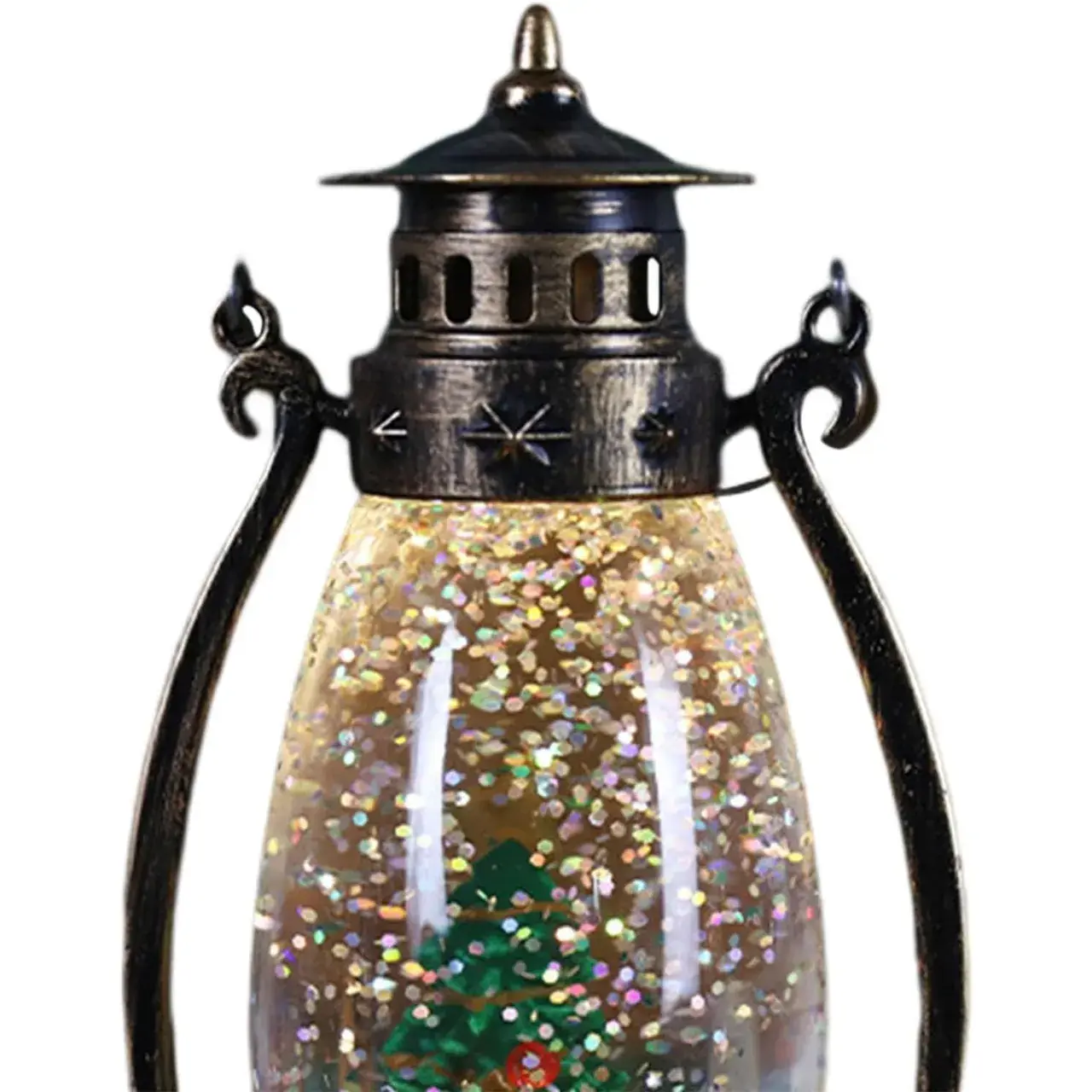 Decoratiune Luminoasa, Felinar de Craciun, cu Lumina LED, Ornament Model Lampa cu Ulei Brad de Craciun, cu Maner, 14x7x6 cm, Negru (2)