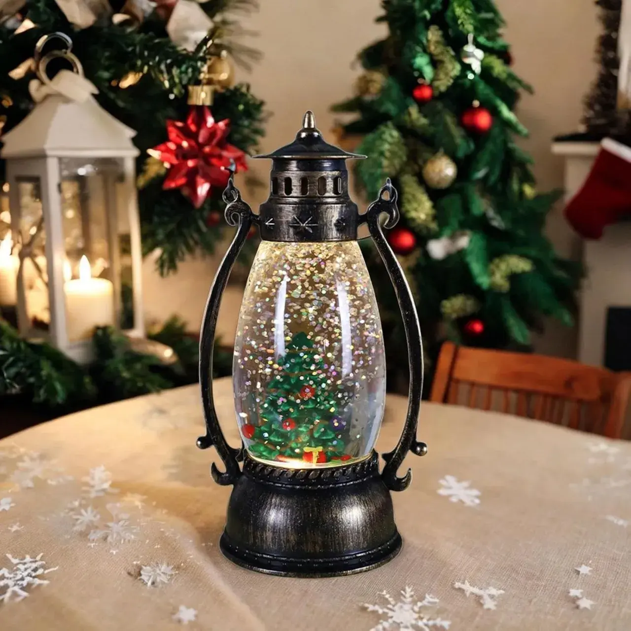 Decoratiune Luminoasa, Felinar de Craciun, cu Lumina LED, Ornament Model Lampa cu Ulei Brad de Craciun, cu Maner, 14x7x6 cm, Negru (3)