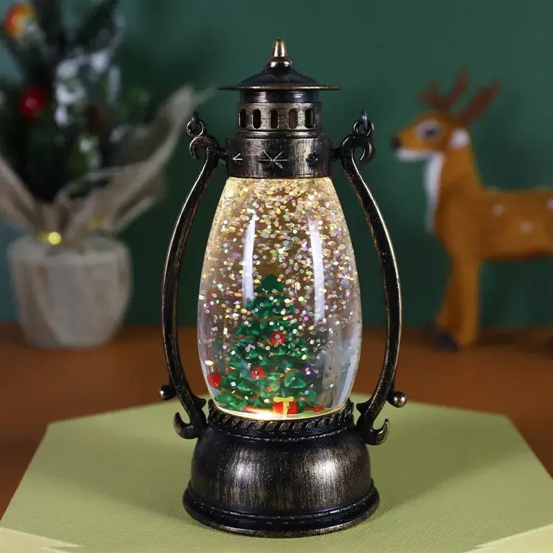 Decoratiune Luminoasa, Felinar de Craciun, cu Lumina LED, Ornament Model Lampa cu Ulei Brad de Craciun, cu Maner, 14x7x6 cm, Negru (5)
