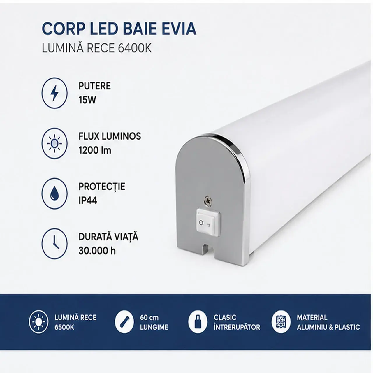 Corp LED Baie Evia 15W 6400K 60cm IP44 Alb (4)