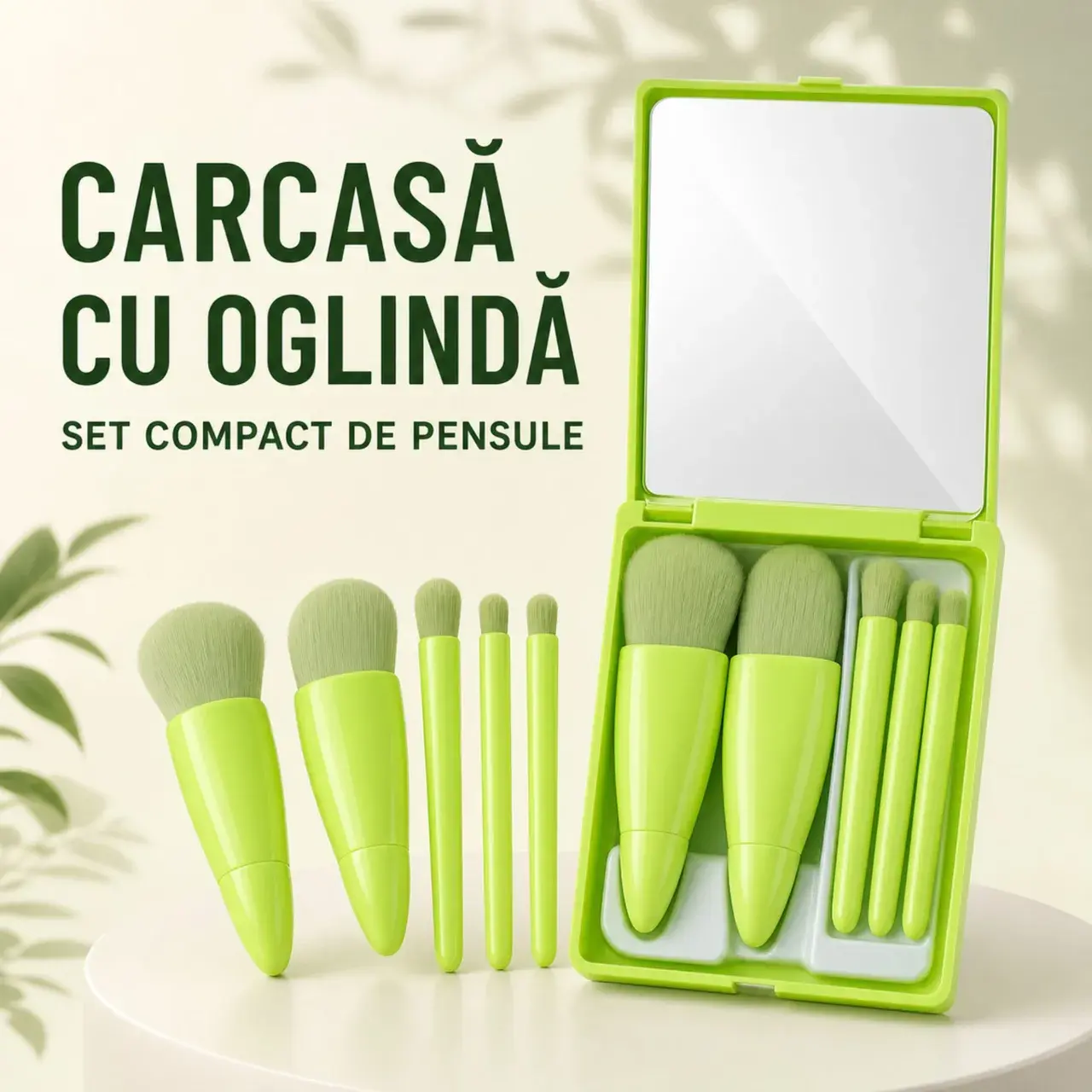 Set 5 Mini Pensule de Machiaj, Portabile, in Carcasa cu Oglinda, din Par Sintetic Moale, 12x7x2.5 cm (18)