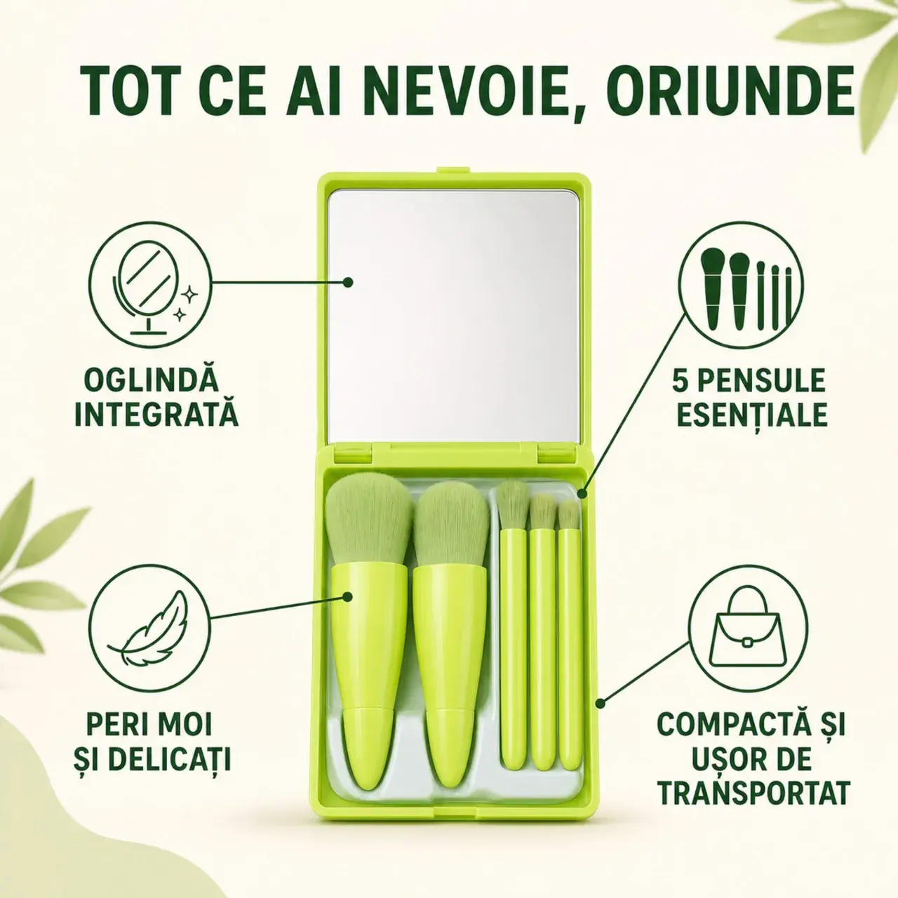 Set 5 Mini Pensule de Machiaj, Portabile, in Carcasa cu Oglinda, din Par Sintetic Moale, 12x7x2.5 cm (19)