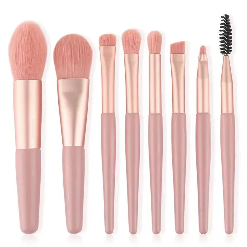 Mini Set Profesional 8 Pensule de Machiaj, cu Peri Moi și Densi, pentru Fond de Ten, Pudră, Blush, Fard și Sprâncene, Roz