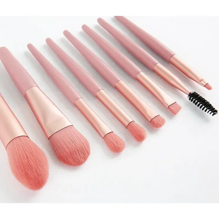 Mini Set Profesional 8 Pensule de Machiaj, cu Peri Moi și Densi, pentru Fond de Ten, Pudră, Blush, Fard și Sprâncene, Roz (4)